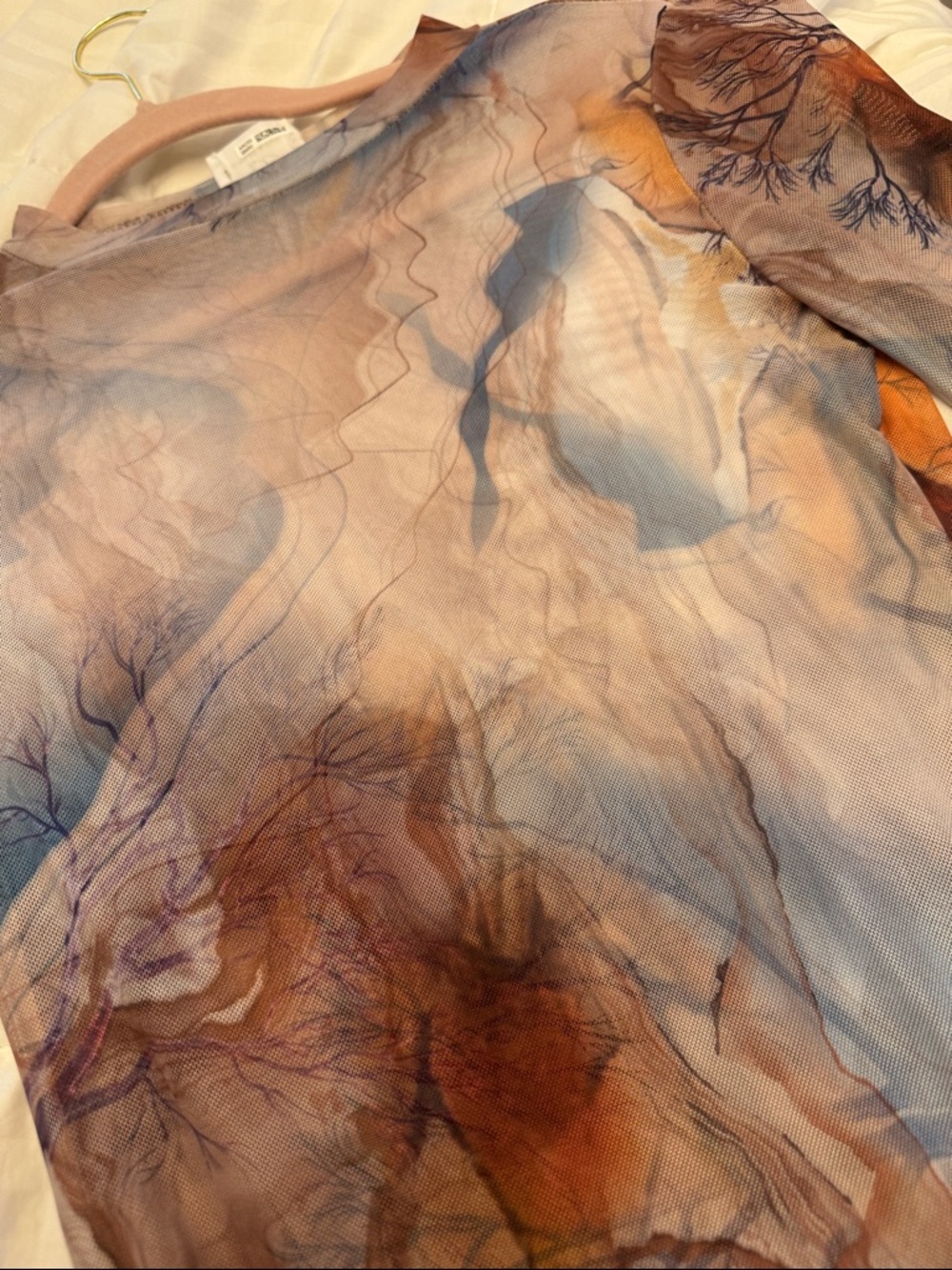 Long Sleeve Abstract Print MaxiDress in Brown & Blue Mesh - Picture 5 of 10